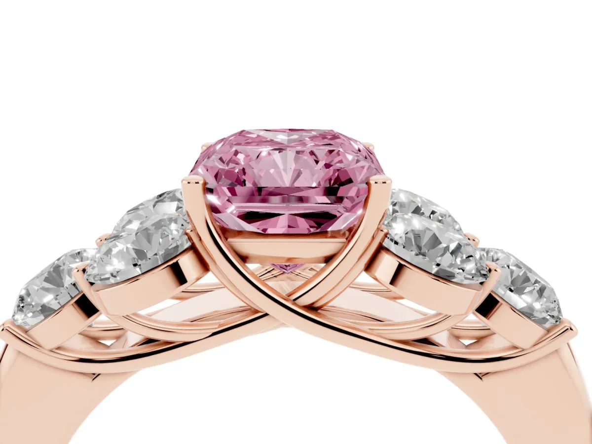 Fancy Pink Radiant Cut Cut Diamond Cluster Ring with Round Accent Stones and Prong Setting on a Classic Band Rose gold