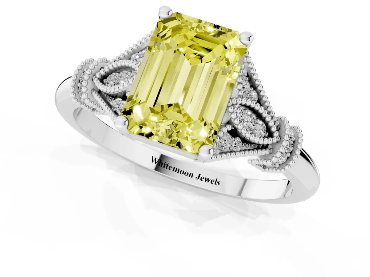 Fancy Yellow Emerald Cut Diamond Solitaire Ring with Floral Filigree and Pave Accents Platinum