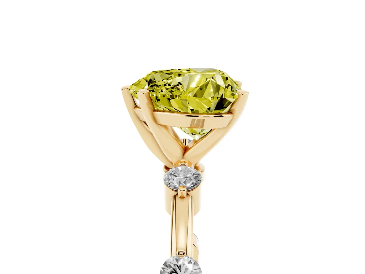 Fancy Yellow Heart Cut Solitaire Diamond Ring with Bezel Set Side Stones and Prong Setting Yellow gold