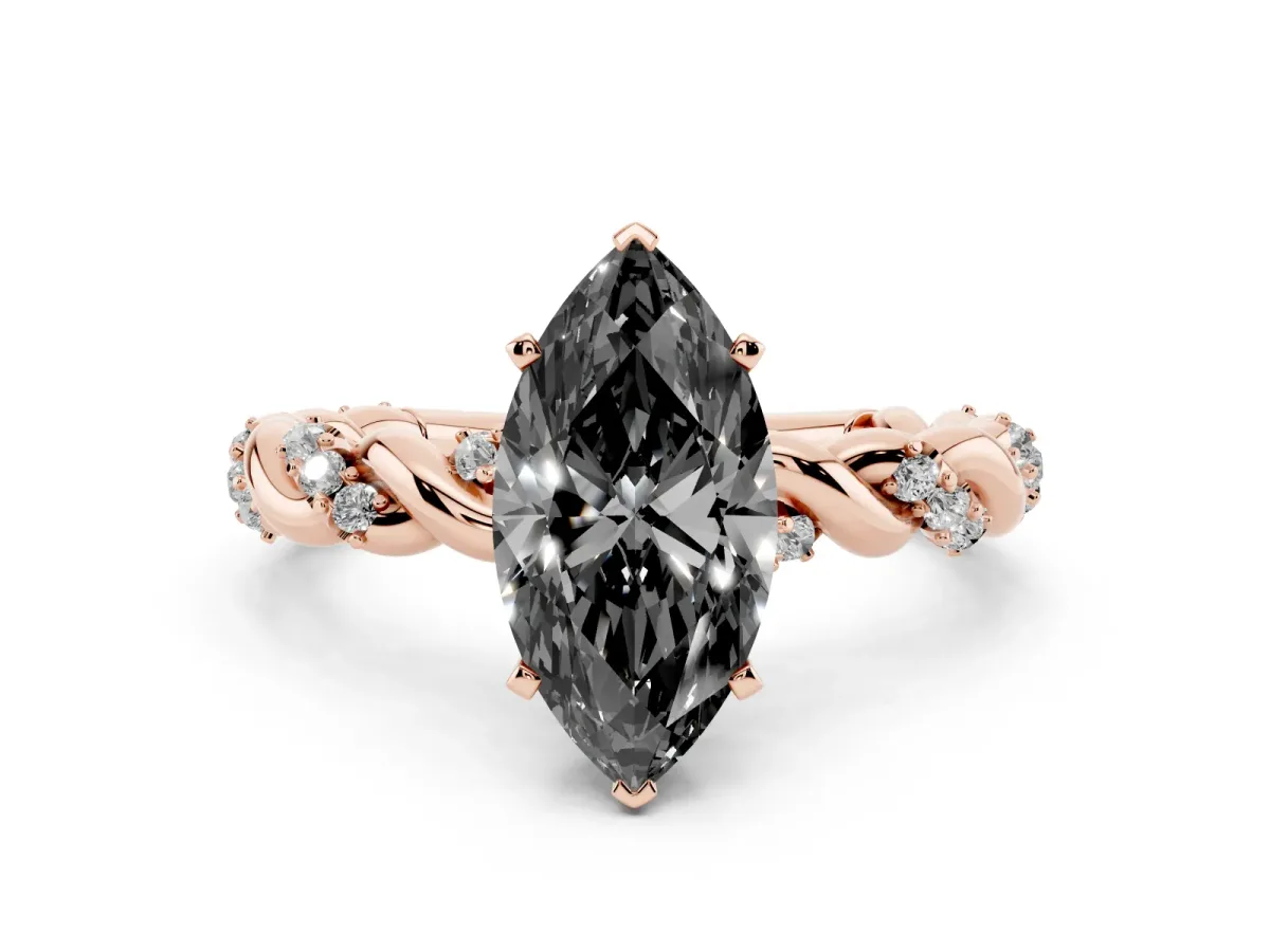 Fancy Black Marquise Cut Diamond Solitaire Ring with Twisted Band and Pavé Accents Rose gold