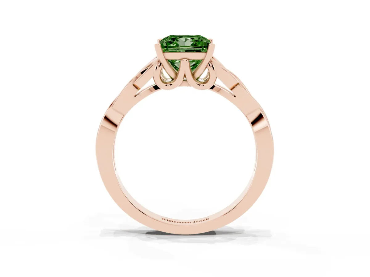 Fancy Green Princess Cut Diamond Solitaire Engagement Ring with Celtic Knot Band and Four-Prong Setting Rose gold
