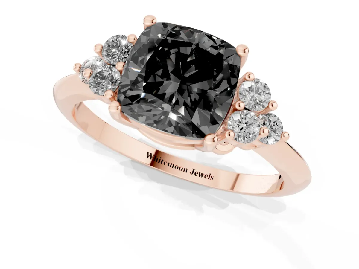Fancy Black Cushion Cut Cut Diamond Cluster Ring with Solitaire Band and Four-Prong Setting Rose gold