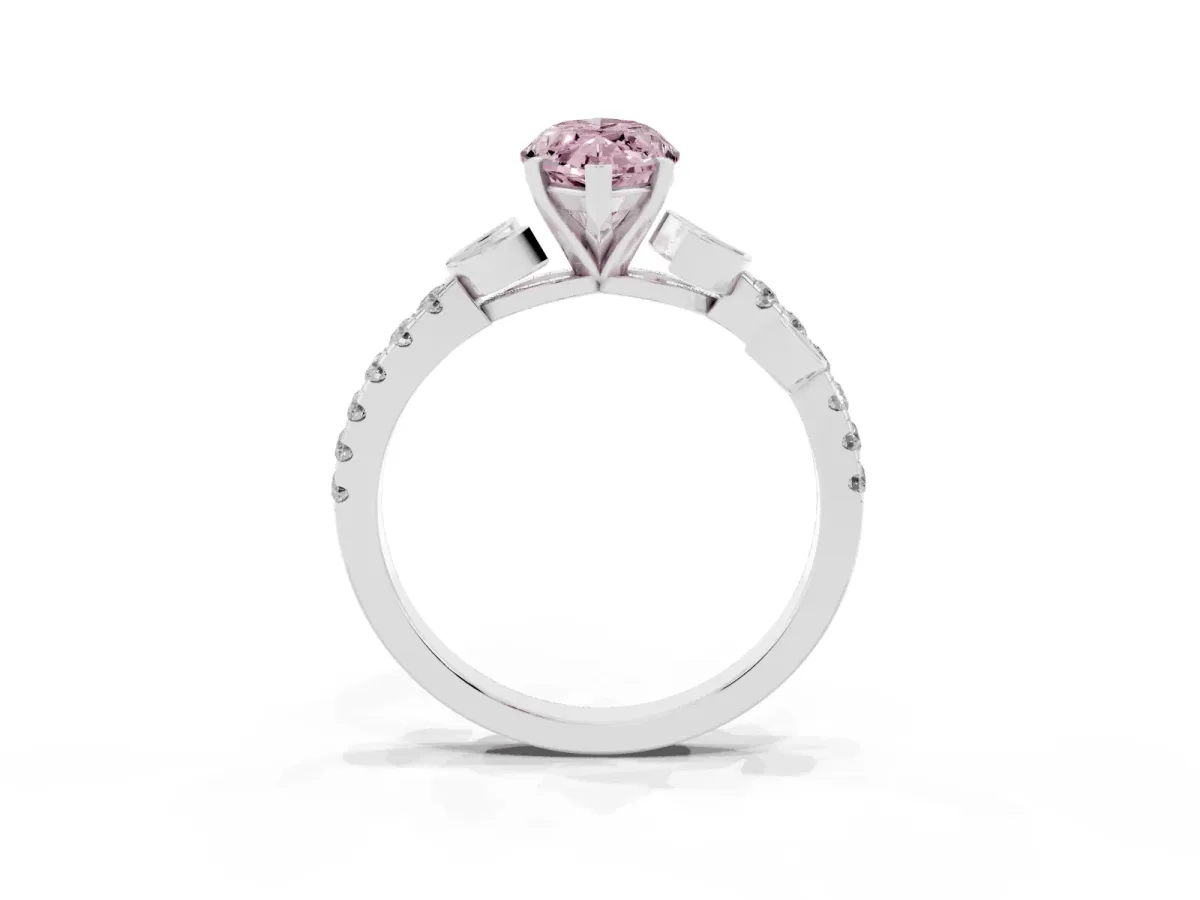 Fancy Pink Marquise Cut Solitaire Leaf-Inspired Diamond Ring with Pavé Band and Four-Prong Setting Silver