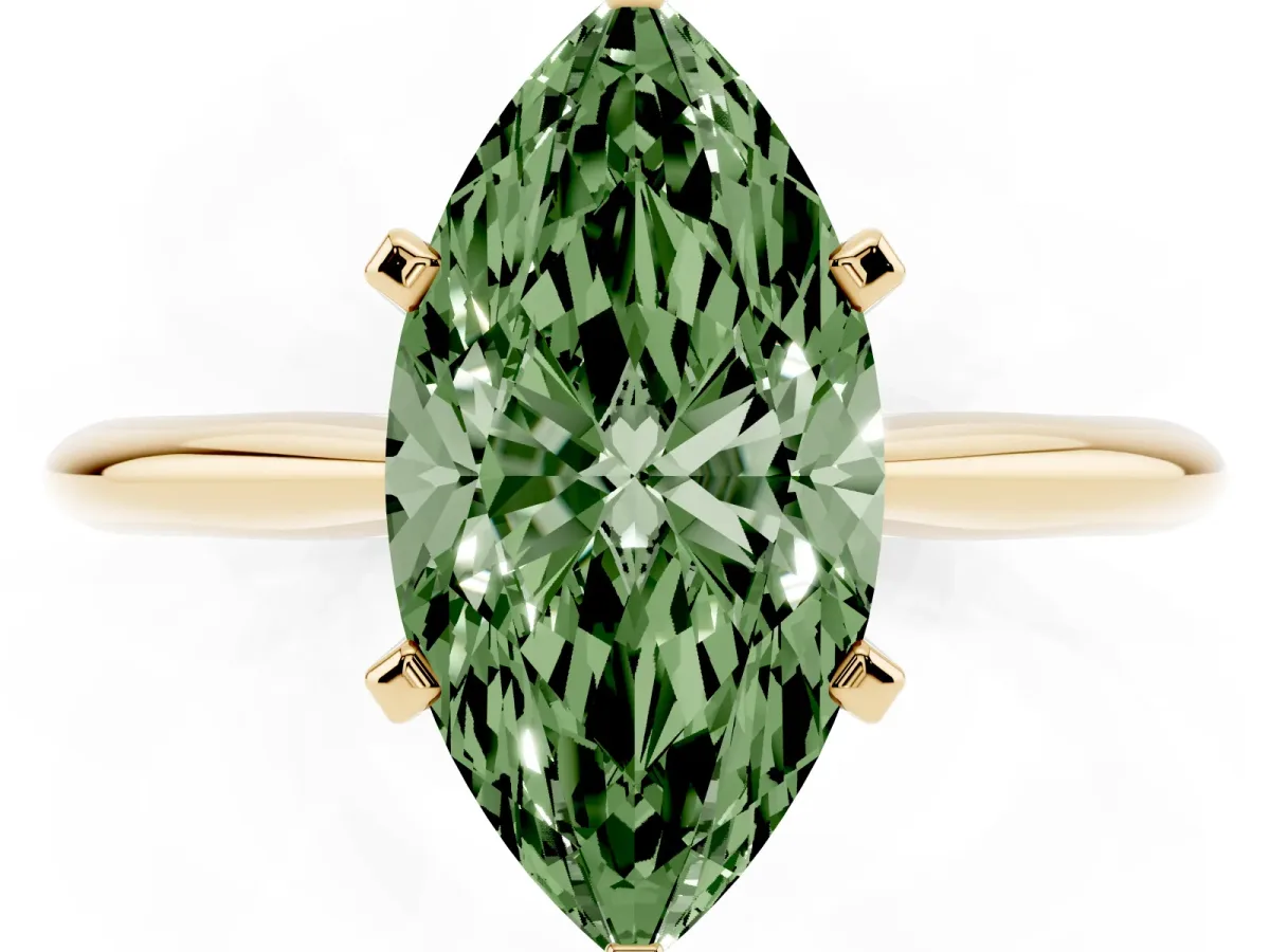 Fancy Green Marquise Cut Cut Solitaire Ring with Four-Prong Setting on a Classic Band Yellow gold