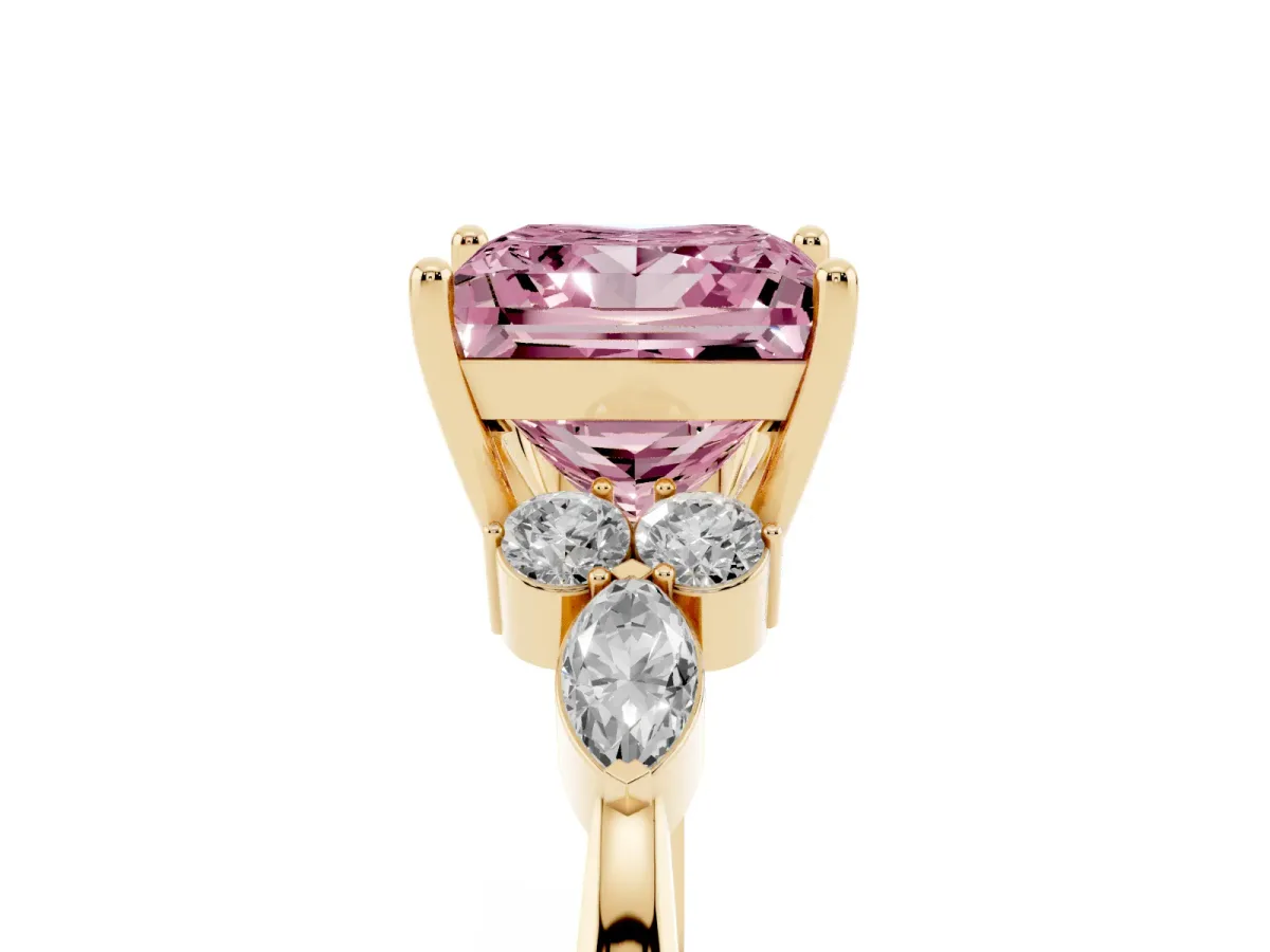 Fancy Pink Princess Cut Brilliant Diamond Solitaire Ring with Pear Side Stones and Four-Prong Setting Yellow gold