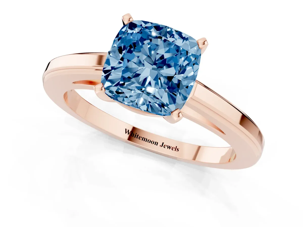 Fancy Blue Cushion Cut Solitaire Diamond Ring with Four-Prong Setting and Classic Band Rose gold