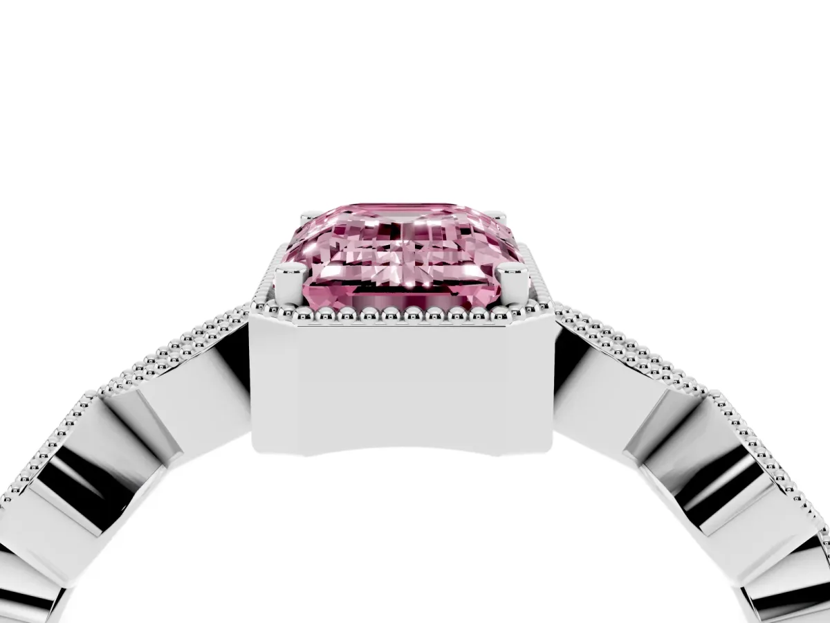 Fancy Pink Emerald Cut Diamond Vintage Milgrain Ring with Round Stations Silver
