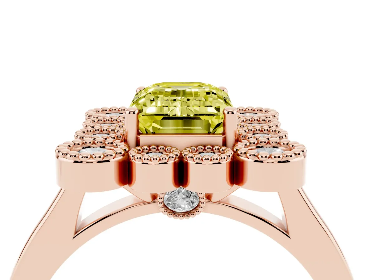 Fancy Yellow Emerald Cut Halo Diamond Cluster Engagement Ring with Milgrain Bezel Setting and Solitaire Band Rose gold