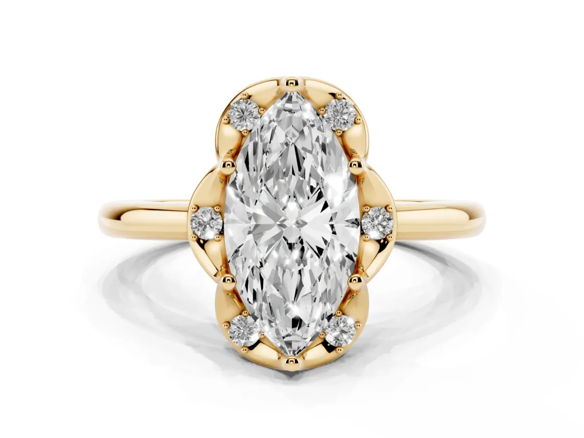 Marquise Cut Halo Diamond Ring with Round Cluster Setting, Solitaire Band, and Four-Prong Setting Yellow gold