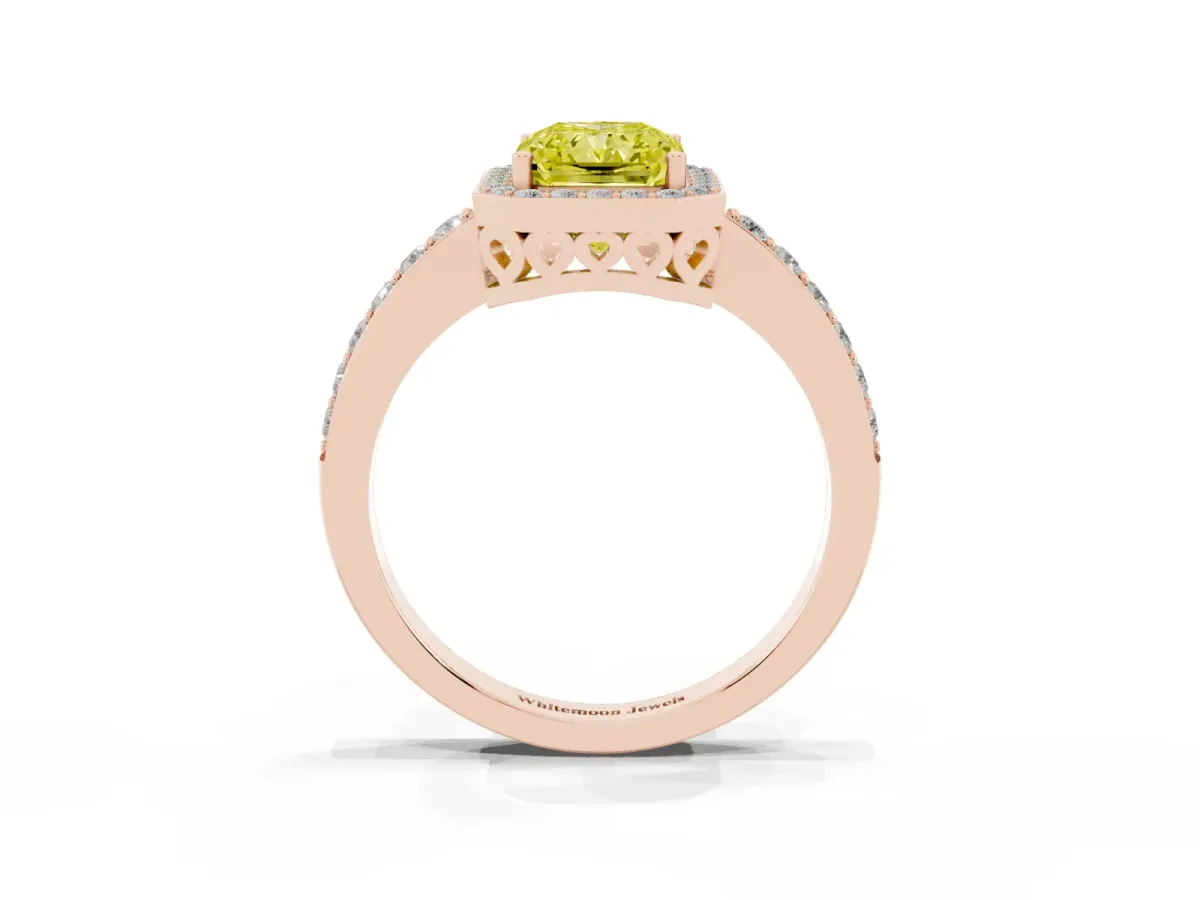 Fancy Yellow Radiant Cut Halo Diamond Pavé Band Ring with Prong Setting Rose gold