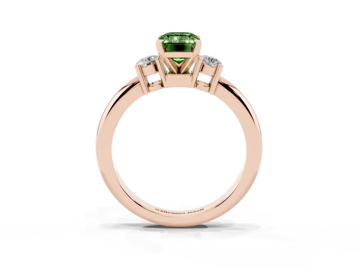 Fancy Green Three-Stone Emerald Cut Cut Diamond Solitaire with Prong Setting and Classic Band Rose gold