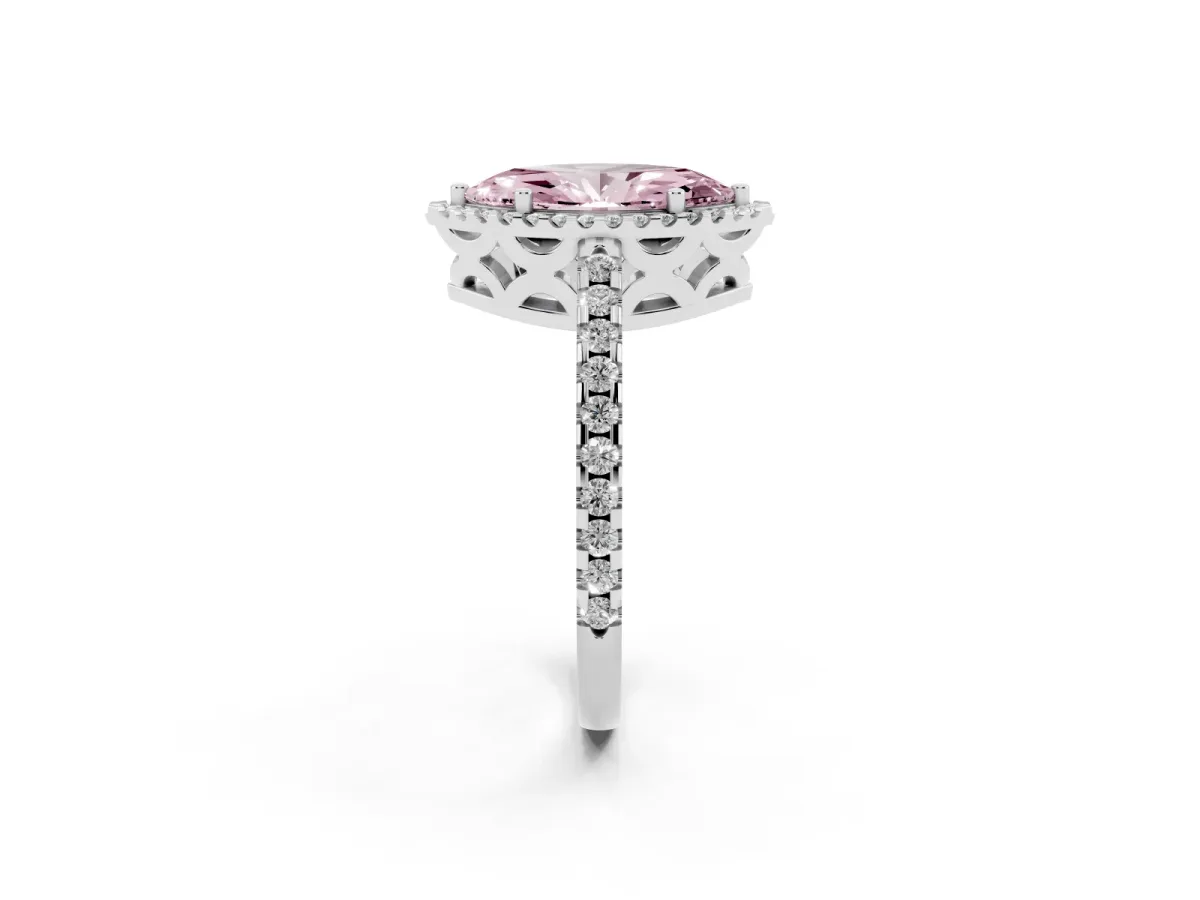 Fancy Pink Marquise Cut Diamond Halo Engagement Ring with Pavé Band and Prong Setting Platinum