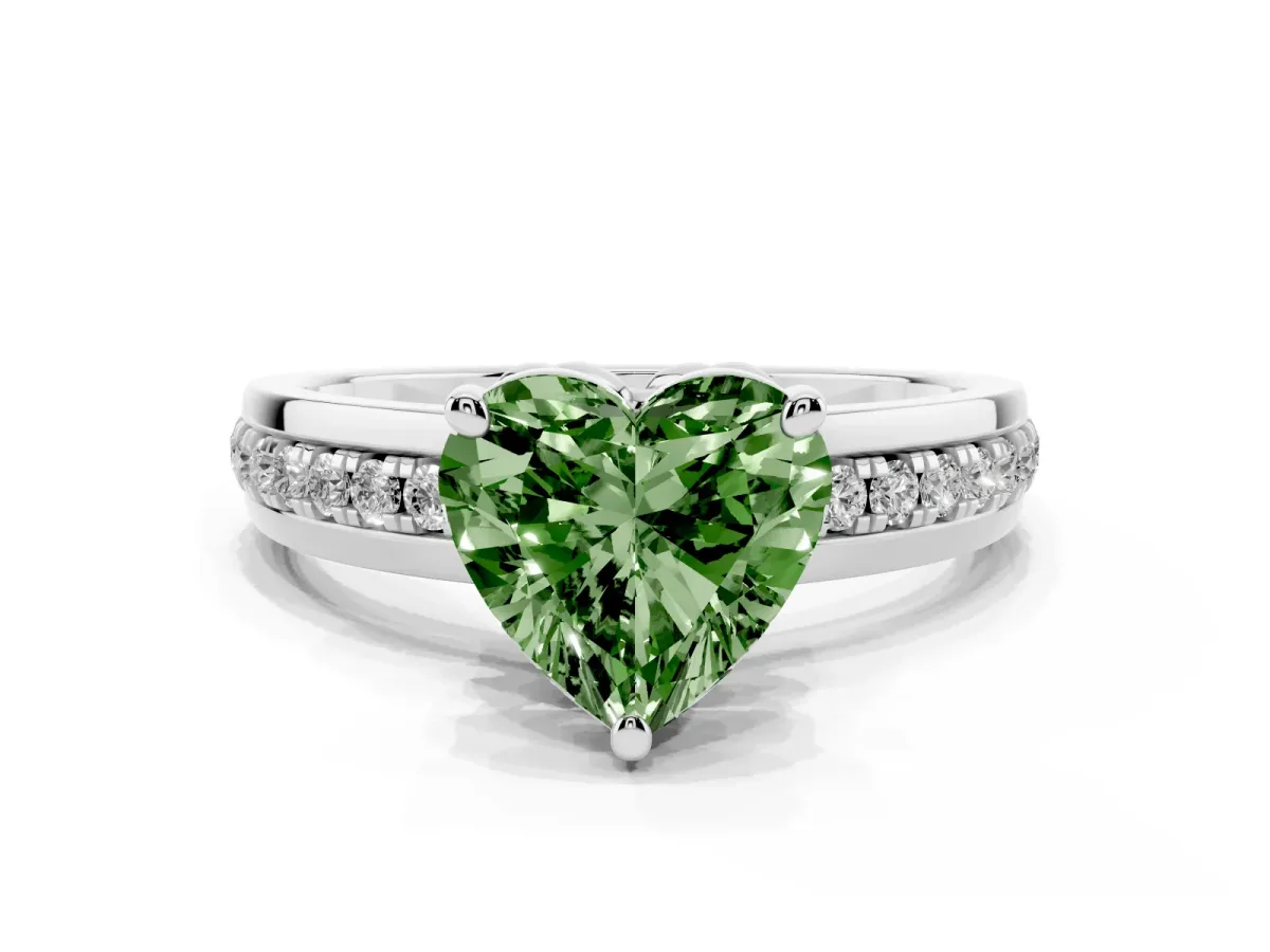 Fancy Green Heart Cut Solitaire Diamond Ring with Channel Set Band and Six-Prong Setting Silver