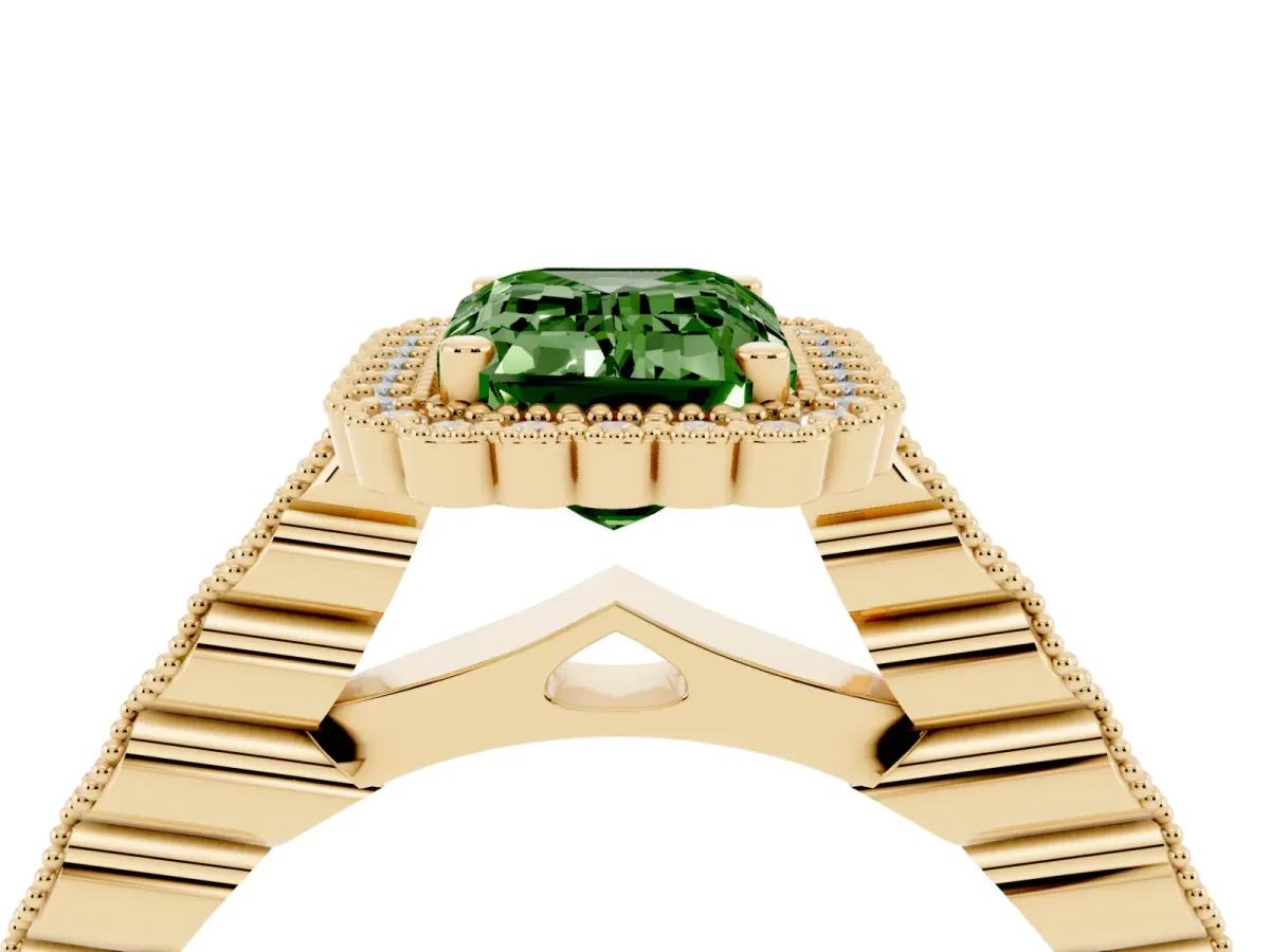 Fancy Green Emerald Cut Cut Halo Pavé Solitaire Ring with Milgrain Band Yellow gold