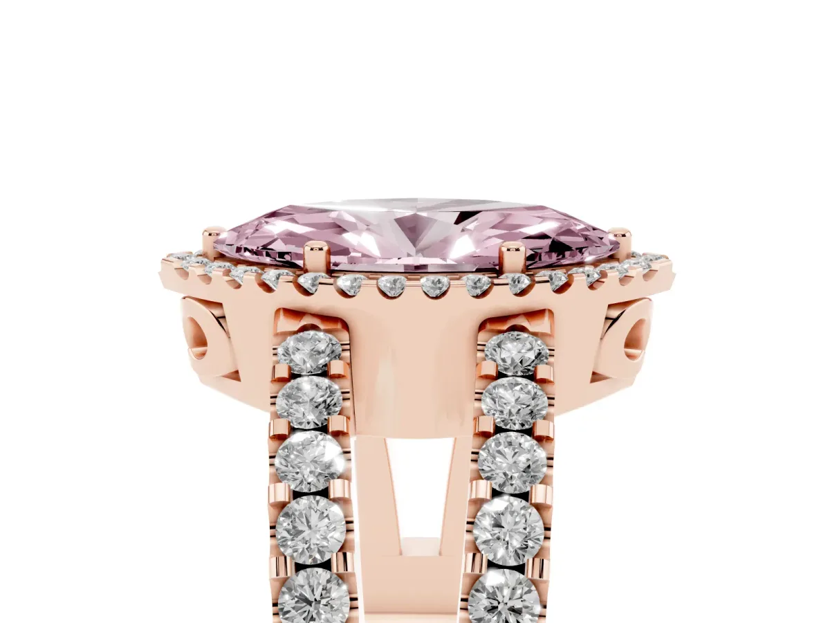 Fancy Pink Marquise Cut Cut Halo Split Shank Diamond Ring with Four-Prong Setting Rose gold
