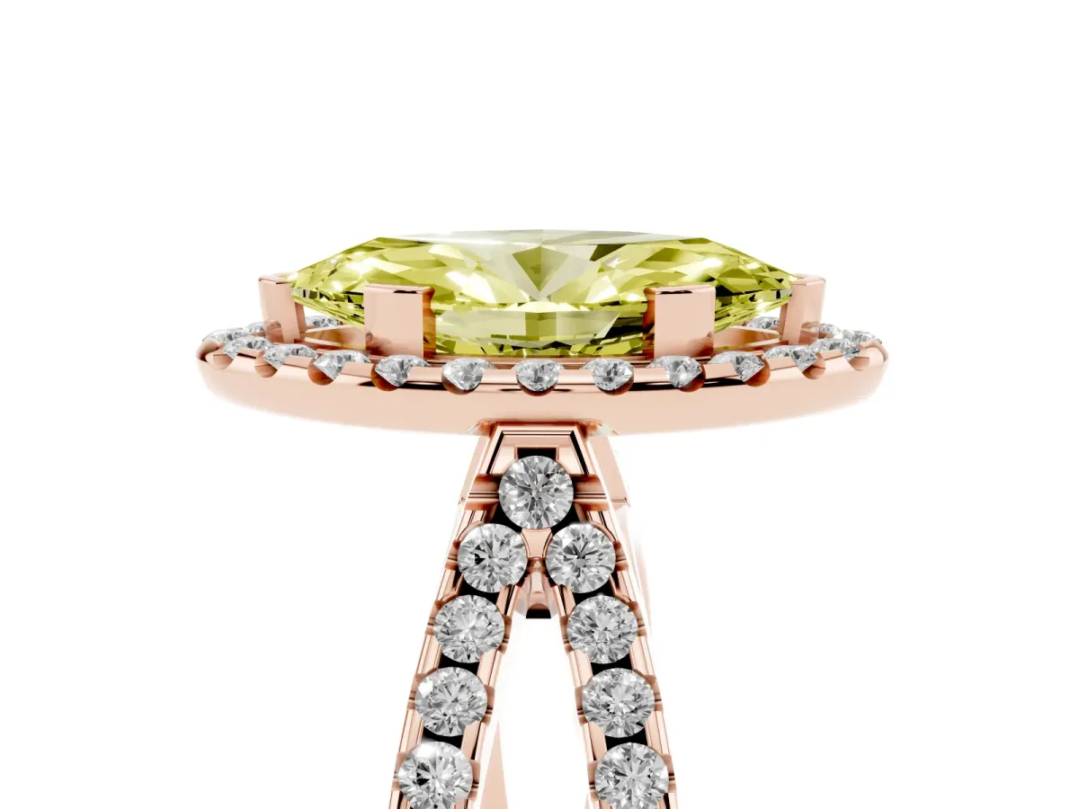 Fancy Yellow Marquise Cut Diamond Halo Ring with Split Shank Pavé Band and Prong Setting Rose gold