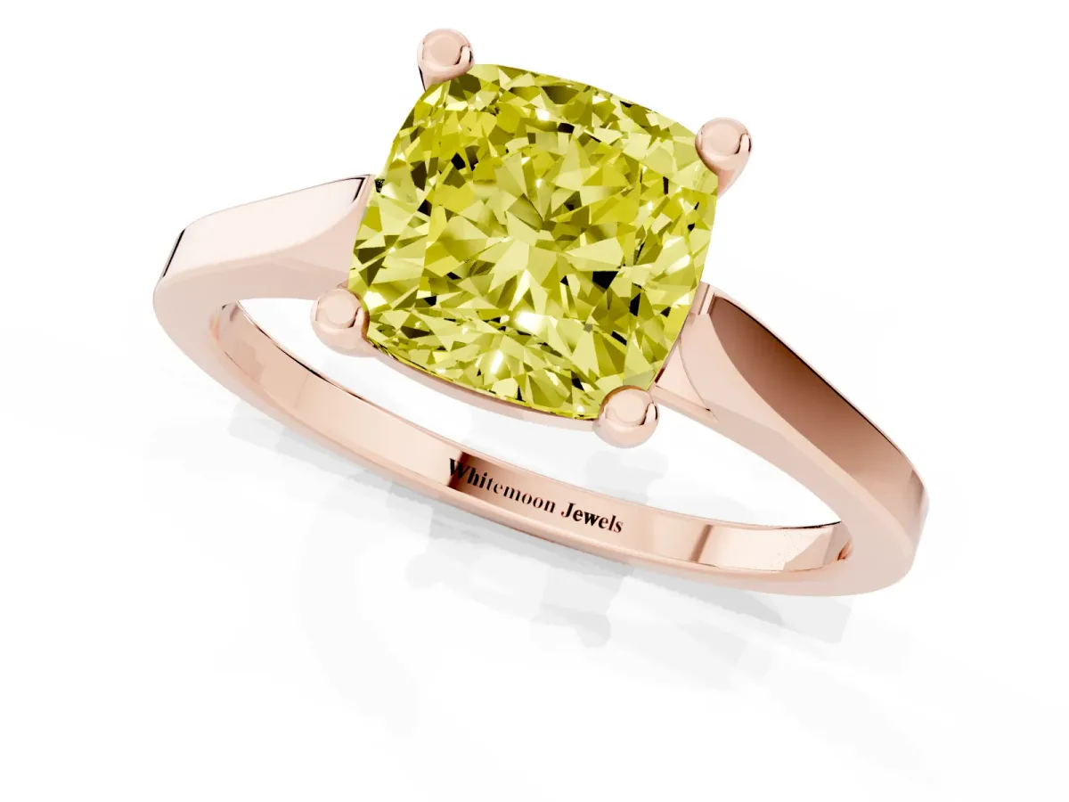 Fancy Yellow Cushion Cut Solitaire Diamond Ring with Four-Prong Setting and Tapered Band Rose gold