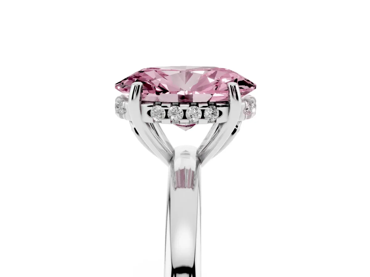 Fancy Pink Oval Cut Solitaire Diamond Ring with Prong Setting and Plain Band Silver