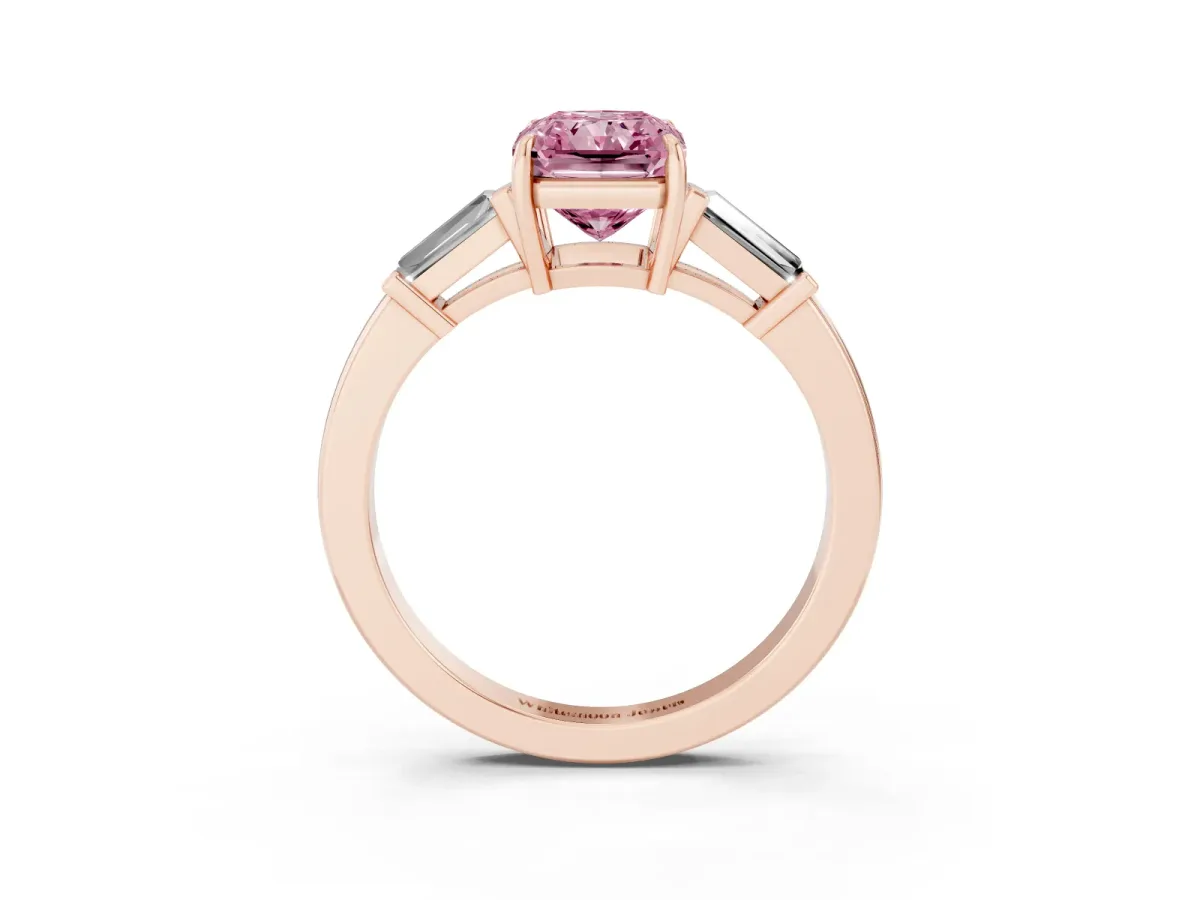 Fancy Pink Radiant Cut Diamond Three-Stone Ring with Tapered Baguette Side Stones and Prong Setting Rose gold