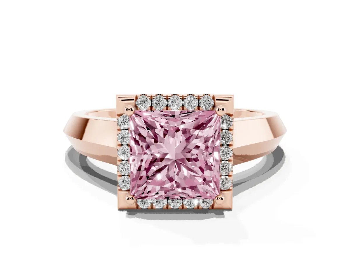 Fancy Pink Princess Cut Halo Diamond Ring with Cathedral Band and Four-Prong Setting Rose gold