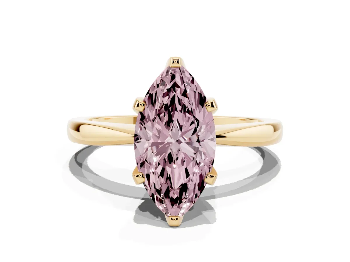 Fancy Pink Marquise Cut Solitaire Engagement Ring with Six-Prong Setting and Tapered Band Yellow gold