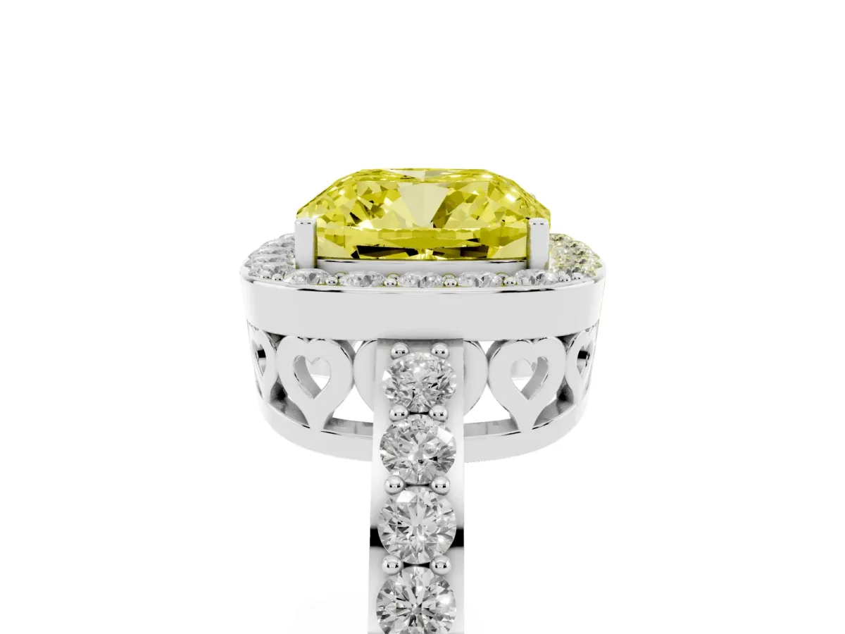 Fancy Yellow Cushion Cut Halo Diamond Pavé Band Ring with Prong Setting Silver