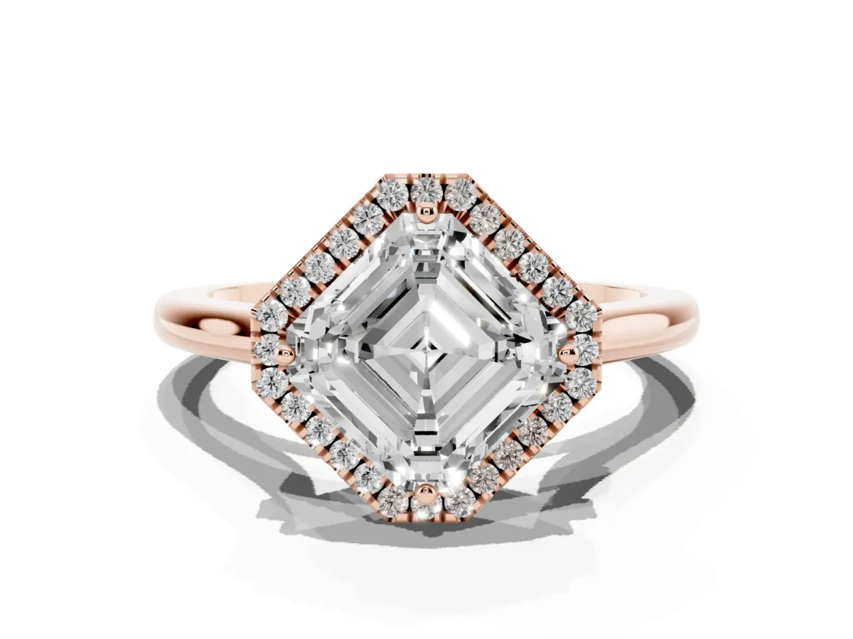 Asscher Cut Halo Round Diamond Solitaire Engagement Ring with Pave Band and Four-Prong Setting Rose gold
