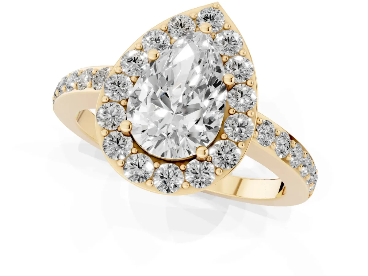 Pear Cut Halo Diamond Pavé Band Ring with Prong Setting Yellow gold