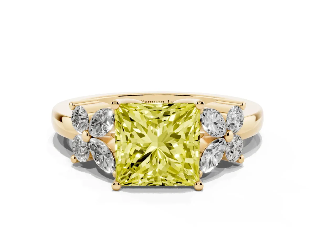 Fancy Yellow Princess Cut Diamond Floral Cluster Ring with Solitaire Band and Prong Setting Yellow gold