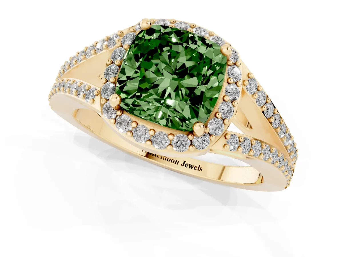 Fancy Green Cushion Cut Halo Split Shank Diamond Ring with Prong Setting Yellow gold