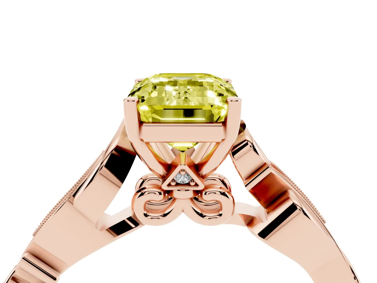 Fancy Yellow Emerald Cut Solitaire Vine Band with Milgrain Prong Setting Rose gold