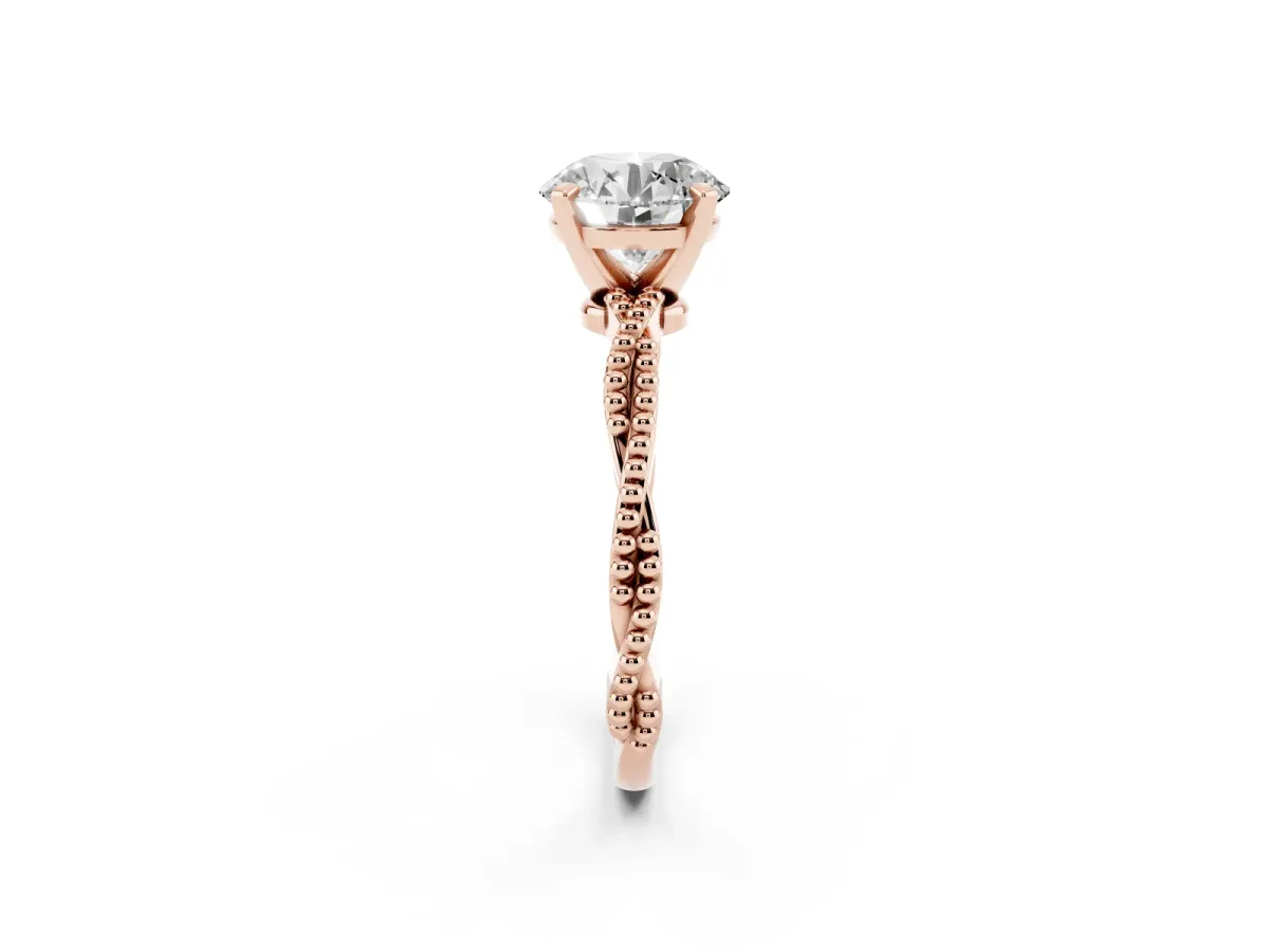 Round Cut Solitaire Twisted Band with Bead Prong Setting Rose gold