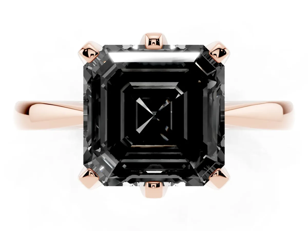 Fancy Black Asscher Cut Solitaire Engagement Ring with Six-Prong Setting and Tapered Band Rose gold