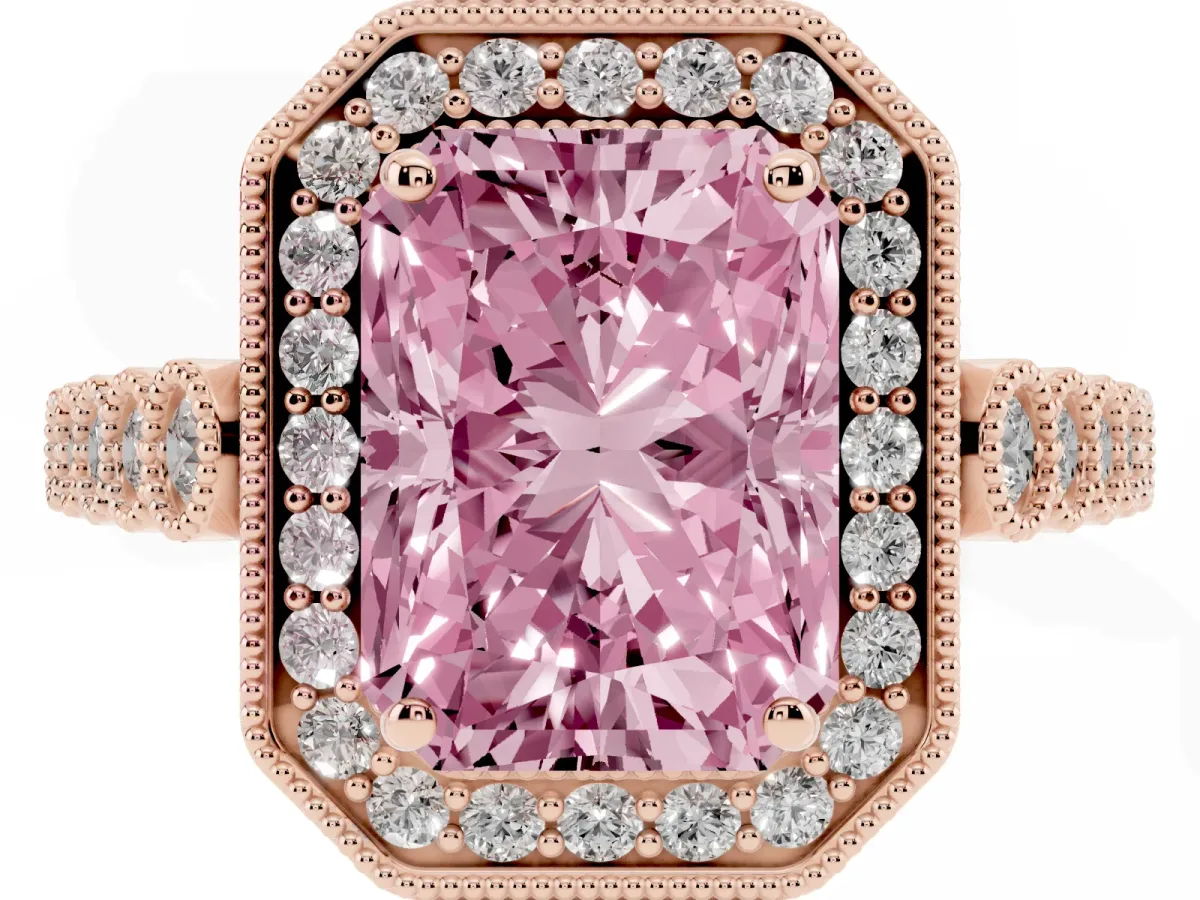 Fancy Pink Radiant Cut Halo Milgrain Solitaire with Bezel Set Side Stones and Pave Band Rose gold