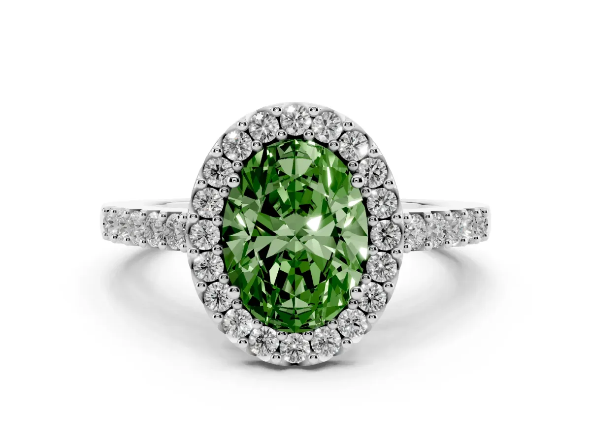 Fancy Green Oval Cut Halo Diamond Pavé Solitaire Ring White gold
