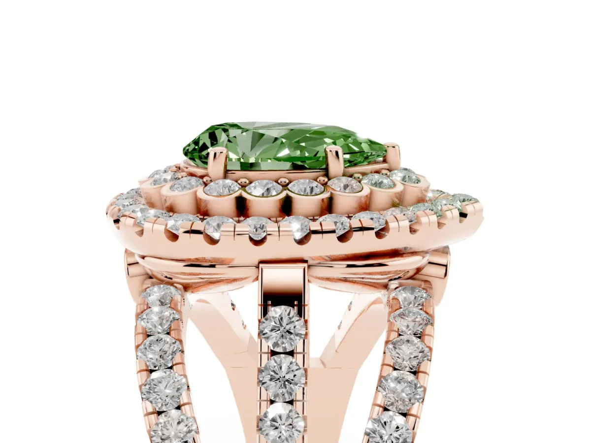 Fancy Green Pear Cut Diamond Double Halo Ring with Round Pavé Split Shank and Prong Setting Rose gold