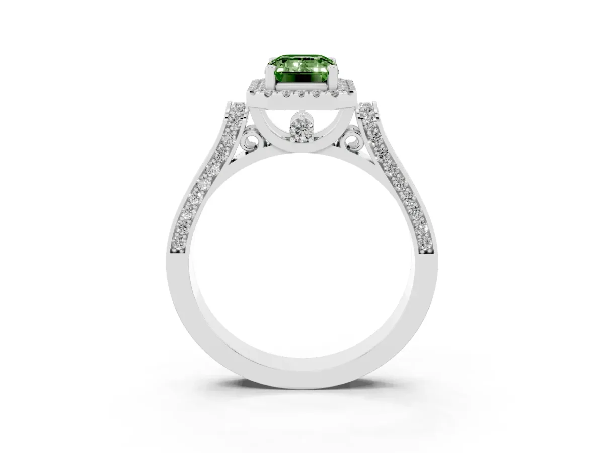 Fancy Green Emerald Cut Halo Pave Split Shank Prong Setting Ring Silver