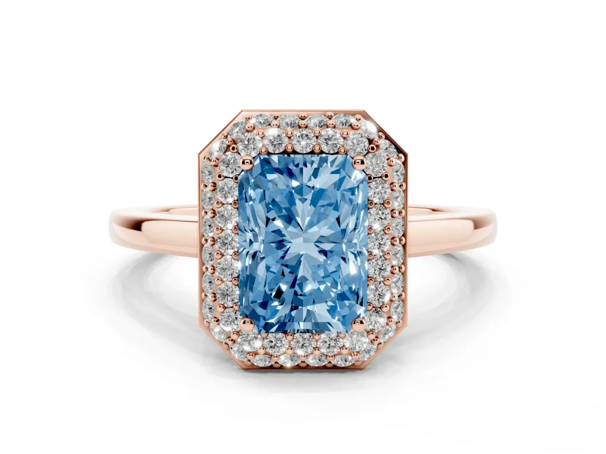 Fancy Blue Radiant Cut Halo Diamond Engagement Ring with Solitaire Band and Four-Prong Setting Rose gold