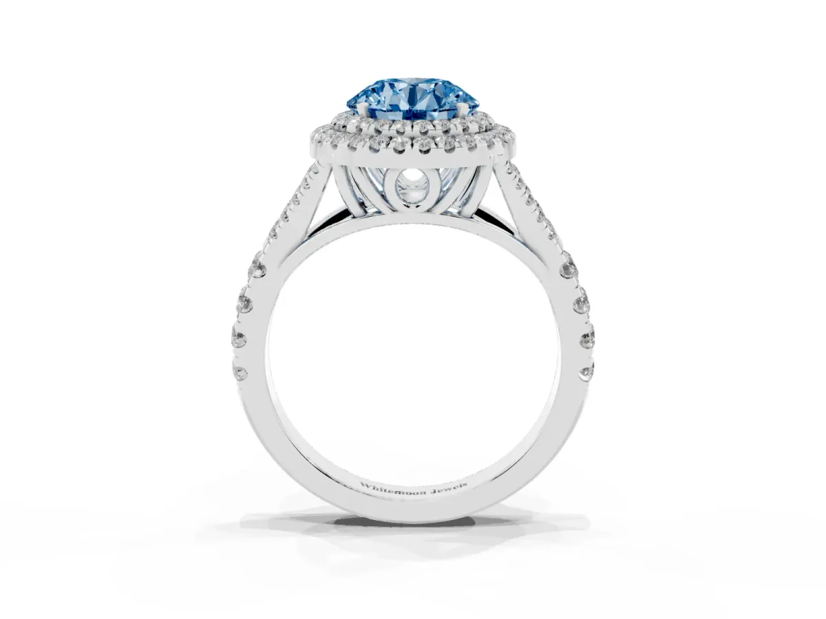 Fancy Blue Double Halo Round Cut Diamond Split Shank Engagement Ring with Four-Prong Setting Platinum