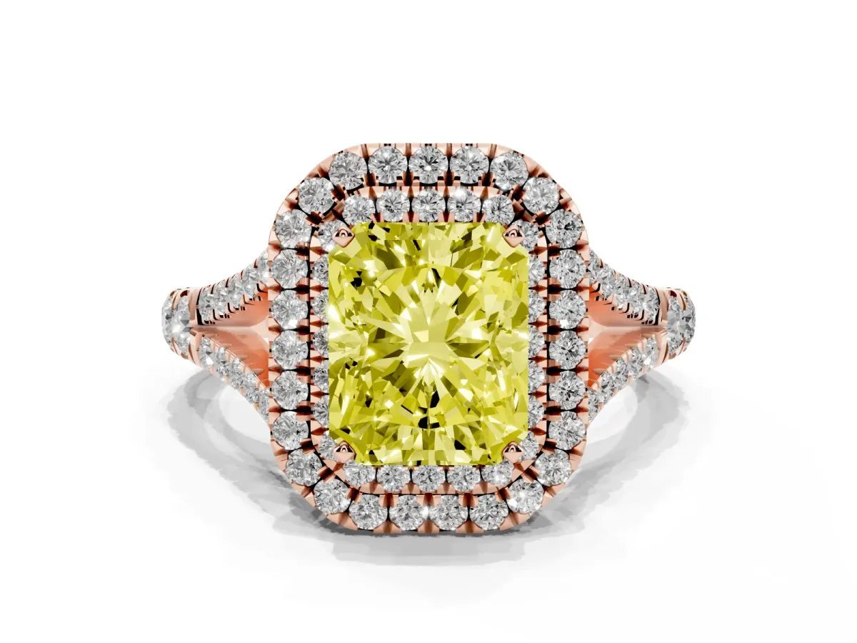 Fancy Yellow Double Halo Radiant Cut Diamond Split Shank Engagement Ring with Four-Prong Setting Rose gold