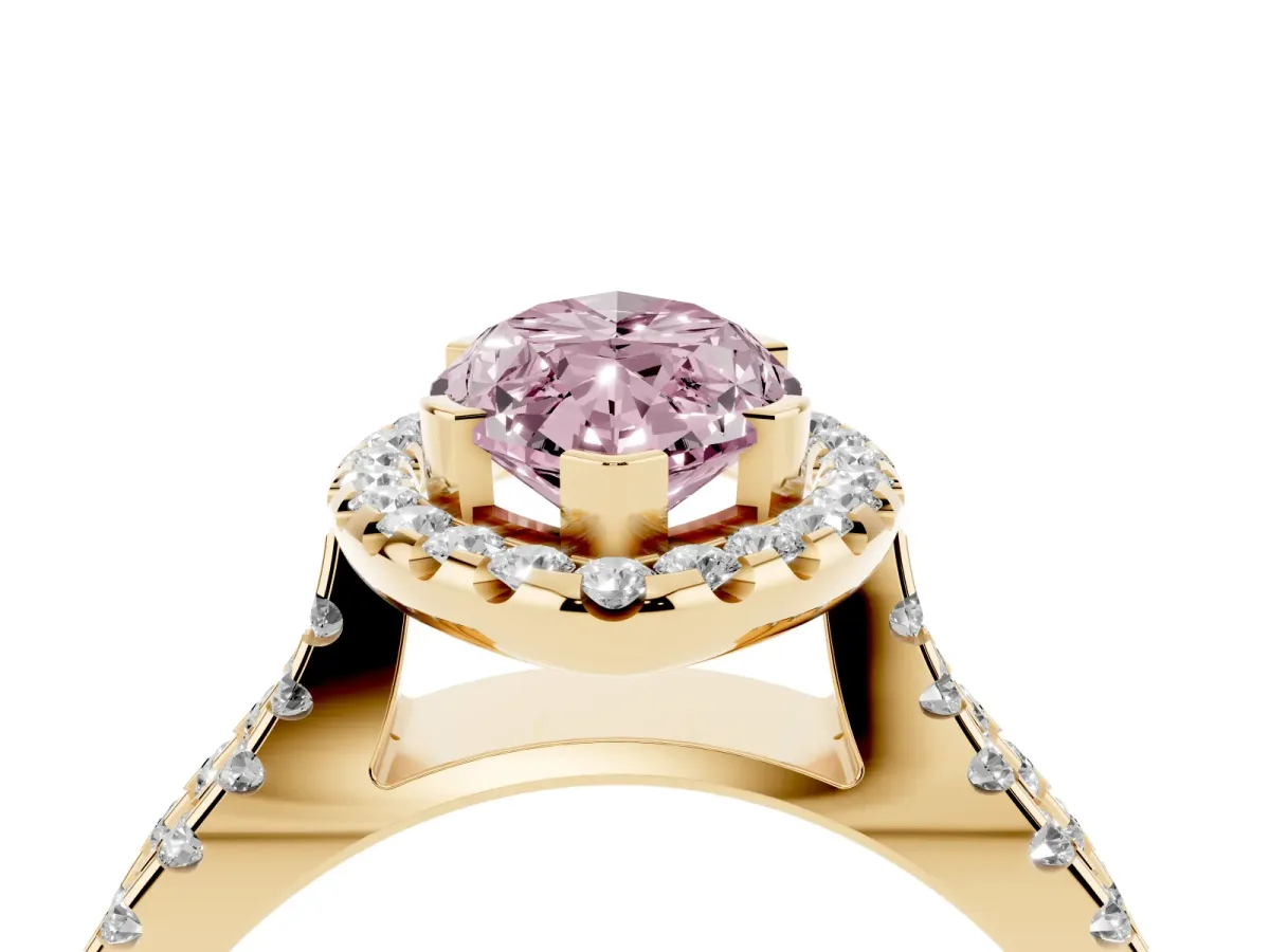 Fancy Pink Marquise Cut Diamond Halo Ring with Split Shank Pavé Band and Prong Setting Yellow gold