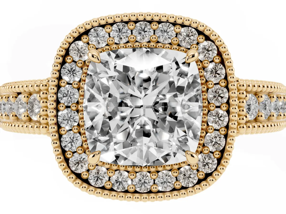 Cushion Cut Cut Halo Diamond Ring with Pavé Band and Four-Prong Setting Yellow gold