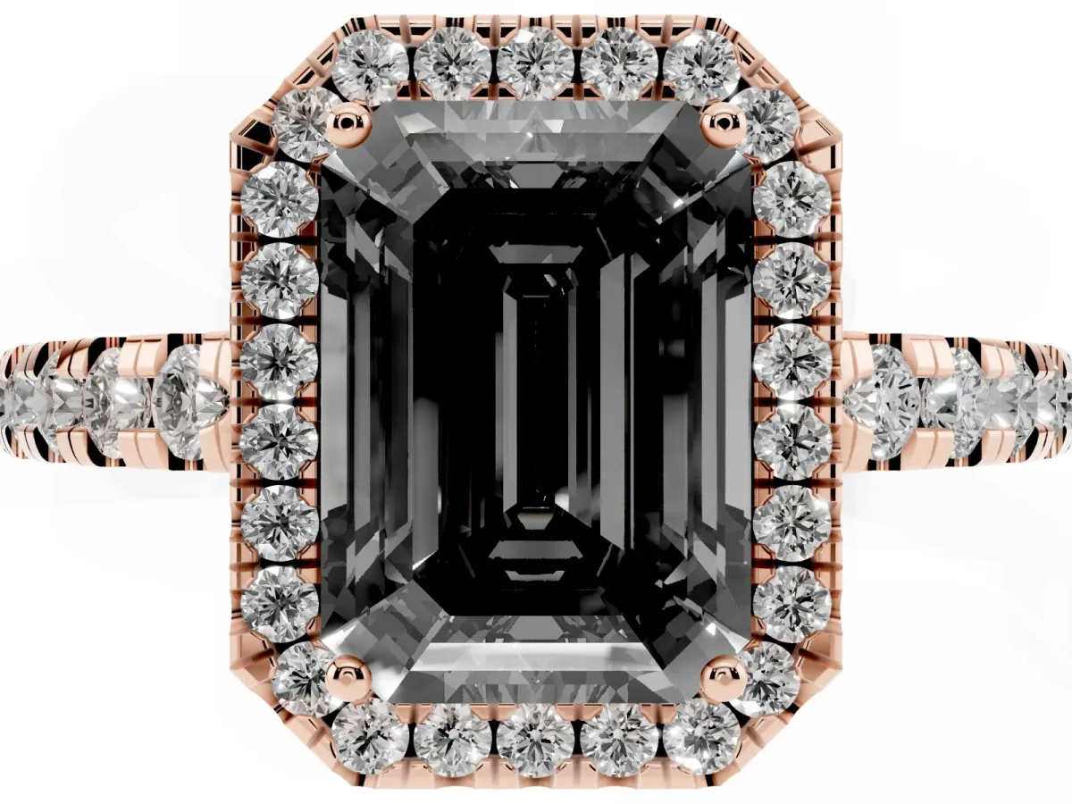 Fancy Black Emerald Cut Diamond Halo Ring with Pavé Band and Four-Prong Setting Rose gold