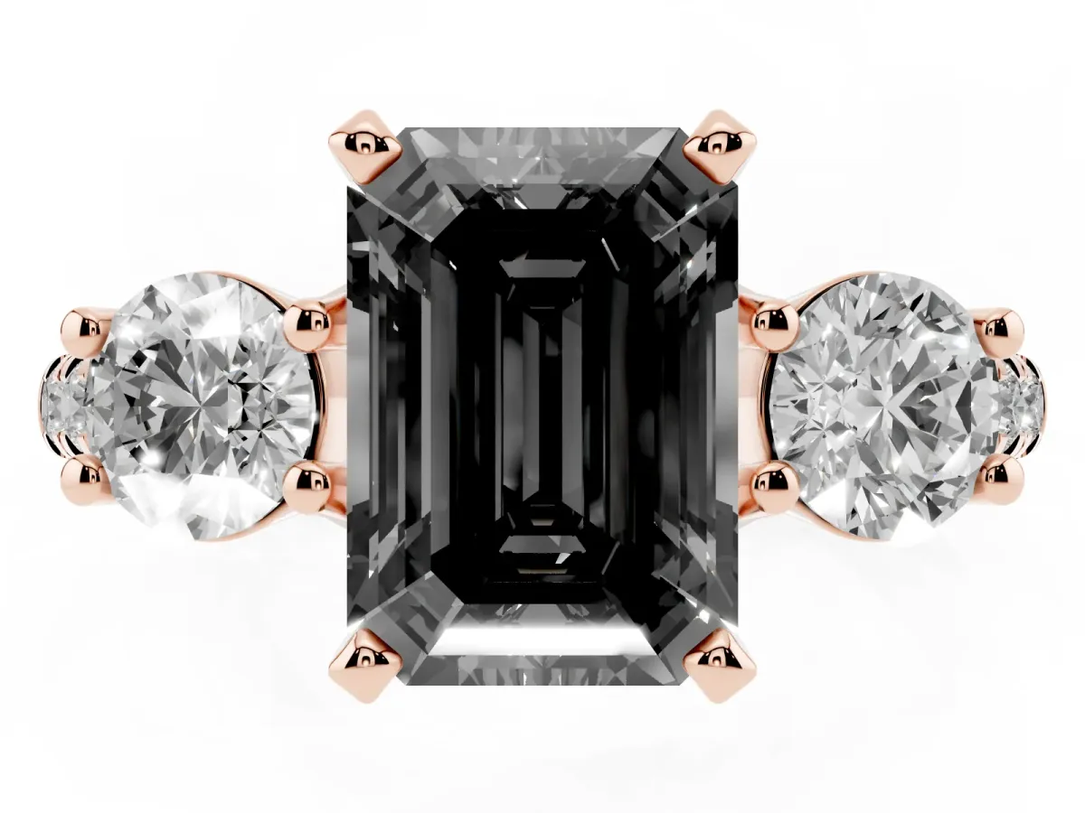 Fancy Black Three-Stone Emerald Cut Diamond Pavé Band with Four-Prong Setting Rose gold