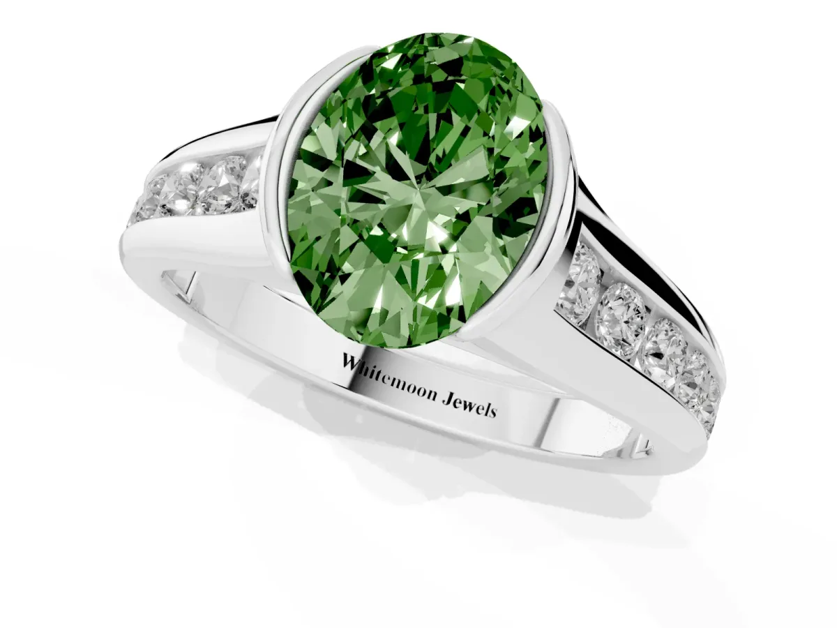 Fancy Green Oval Cut Solitaire Bezel-Set Diamond Ring with Channel-Set Band Silver