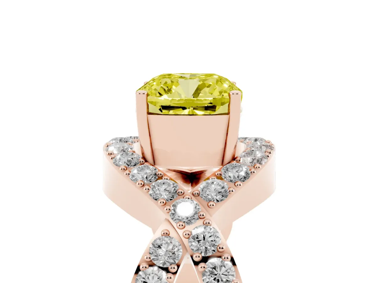Fancy Yellow Cushion Cut Solitaire Twist Band Pavé Diamond Engagement Ring Rose gold