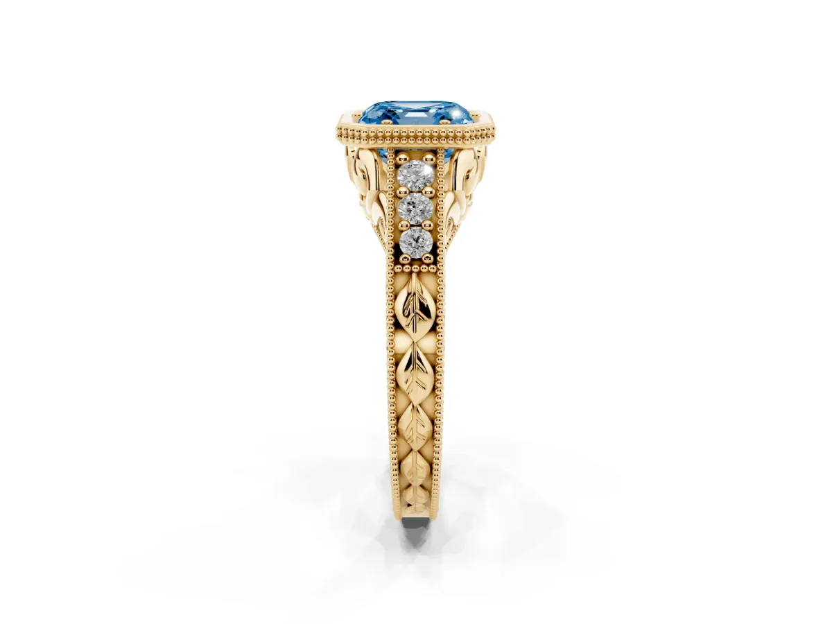 Fancy Blue Bezel Set Asscher Cut Diamond Milgrain Pave Engagement Ring Yellow gold