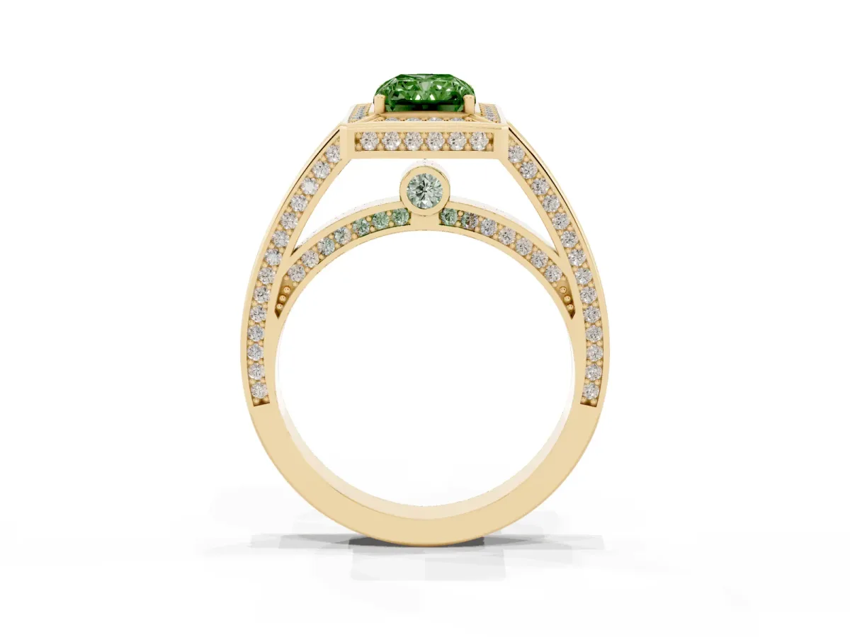 Fancy Green Radiant Cut Cut Halo Pave Split Shank Prong Setting Ring Yellow gold
