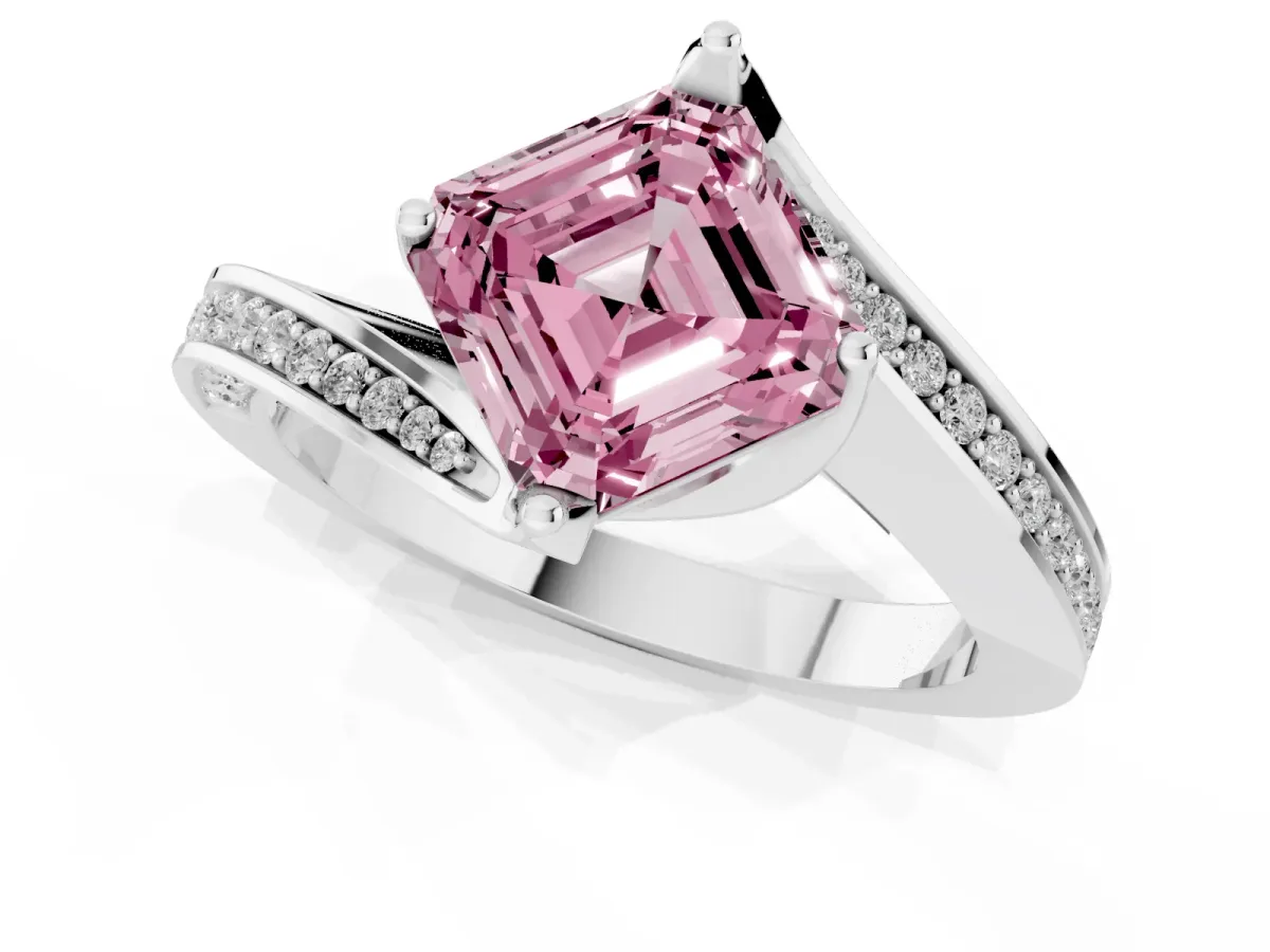 Fancy Pink Asscher Cut Solitaire Diamond Twist Band with Pavé Setting and Four-Prong Setting Platinum