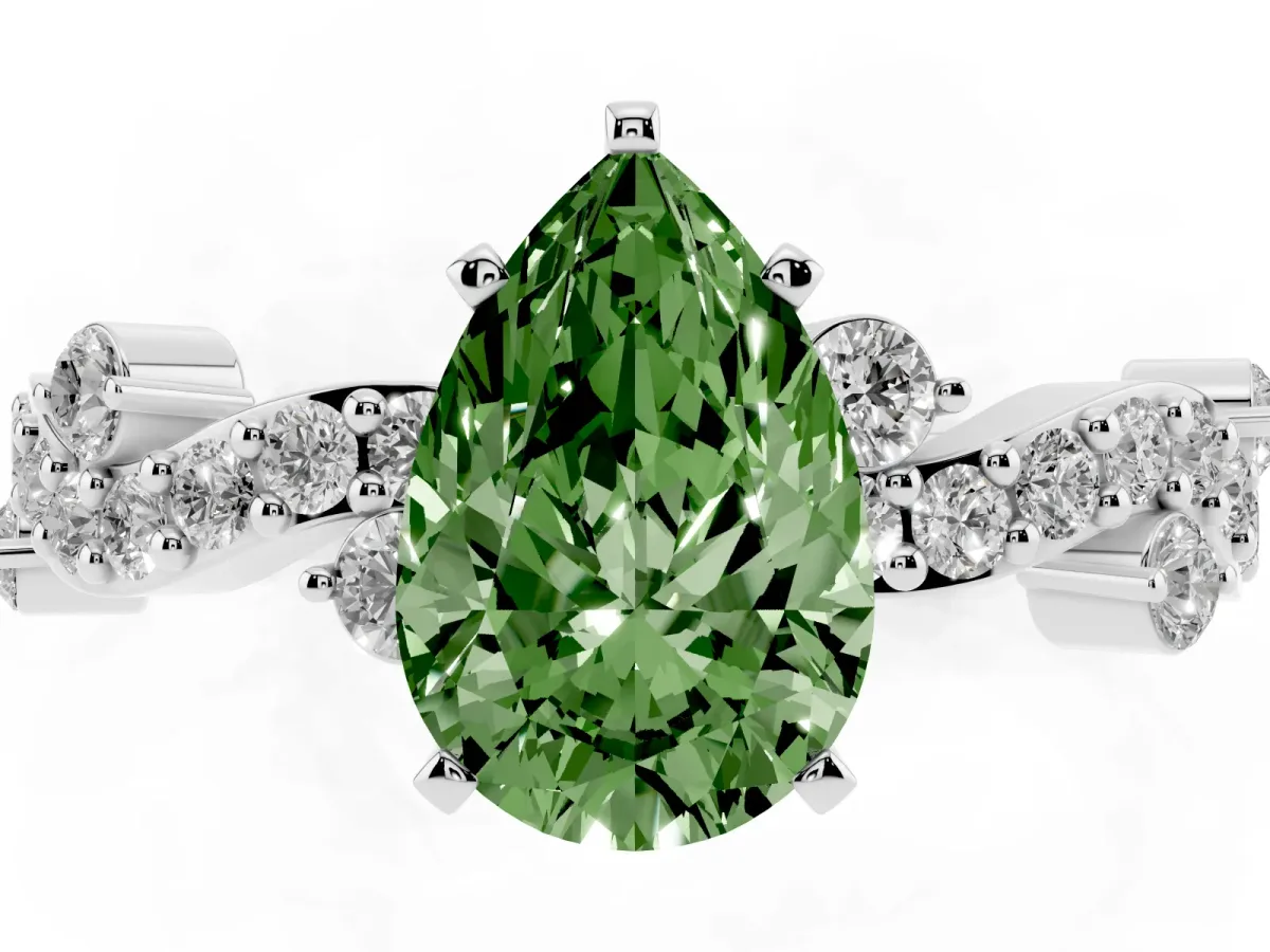 Fancy Green Pear Cut Cut Solitaire Diamond Twisted Band with Pave Setting White gold